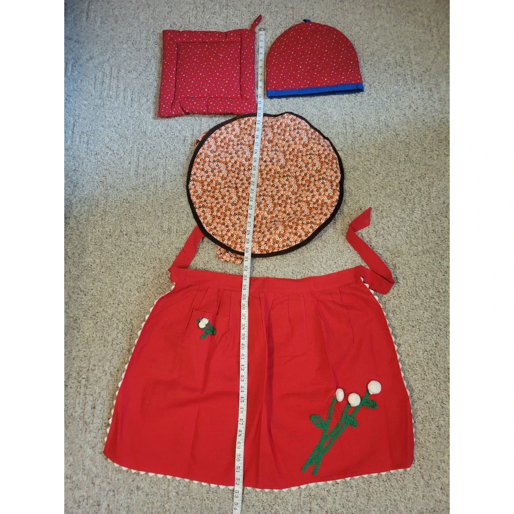Handmade‎ MCM Pot Holder, Mitts & Half Apron Red Floral Kitchen Country Quilted